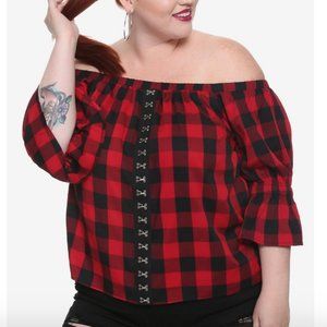 HOT TOPIC Red & Black Buffalo Plaid Hook & Eye Off the Shoulder TOP Sz. XL